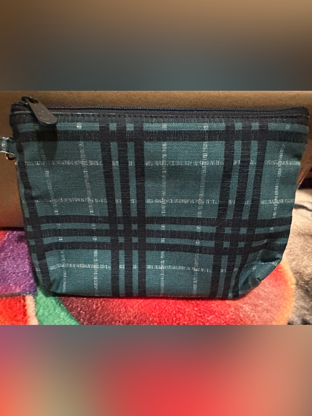thirty-one Teal and Black Plaid mini zipper pouch